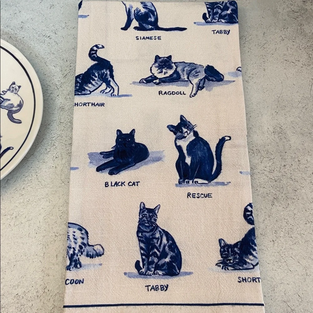 Anthropologie Molly Hatch Cat Mom Dessert Plate Tea Towel Set NWT Cat Lover Gift